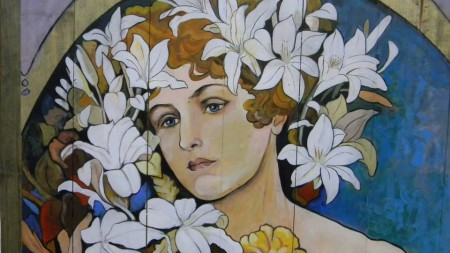 "Lirios de Mucha" (detalle), acrílico sobre madera,  0,80 x 1,39